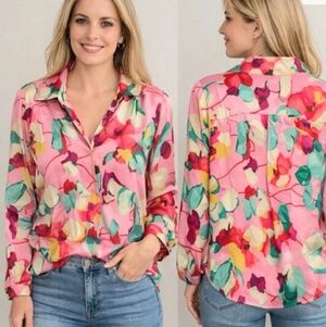 ZARA Floral Print Satin Effect Button Down Top